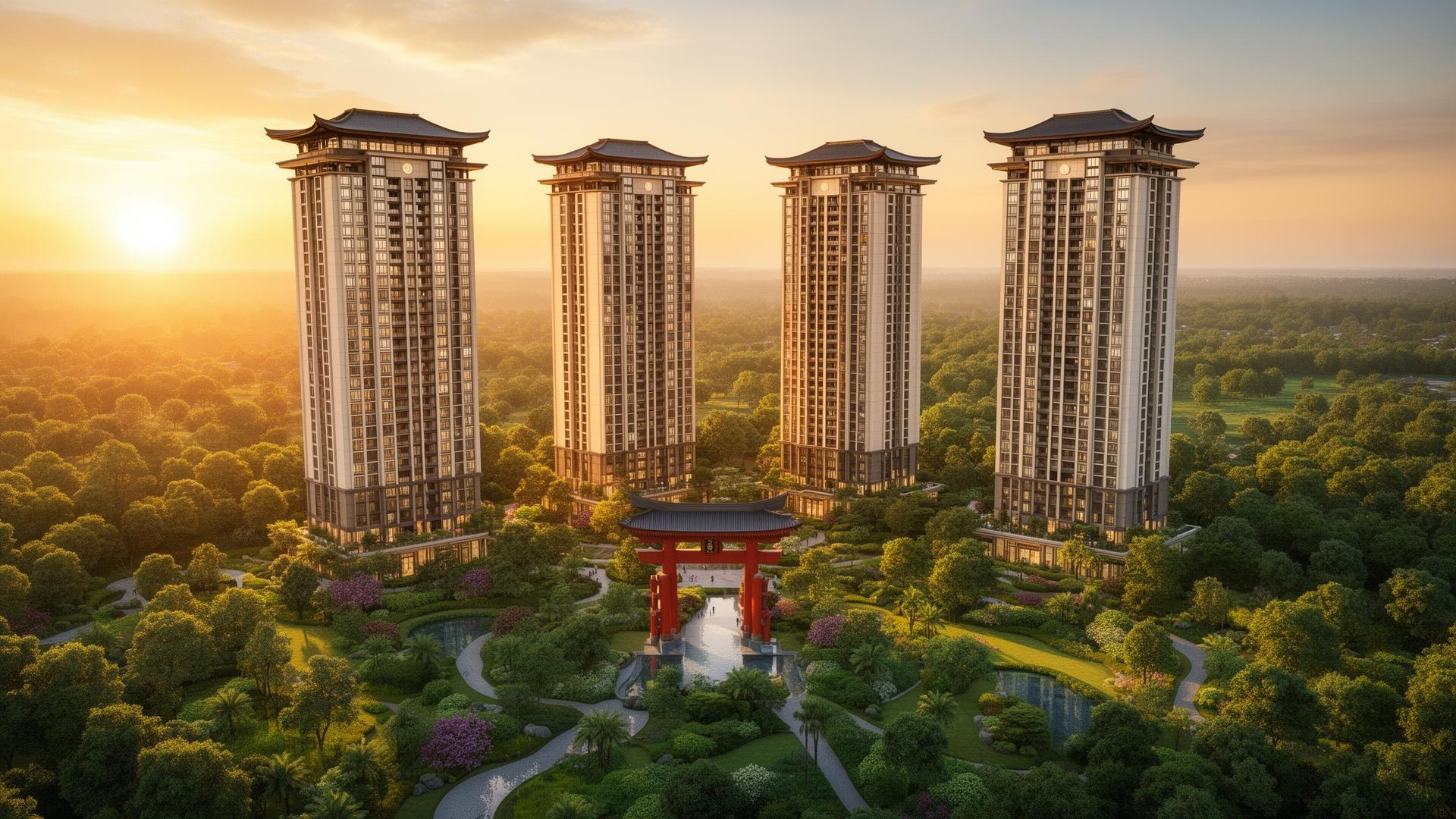Godrej Sora — Four towers with Torii gate, gardens and greenery